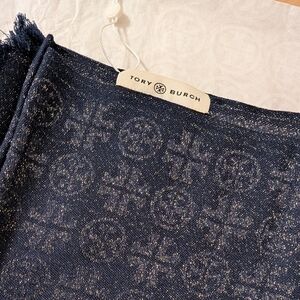 Tory Burch Navy Traveler Oblong Scarf with Silver Logo Pattern (NWT)